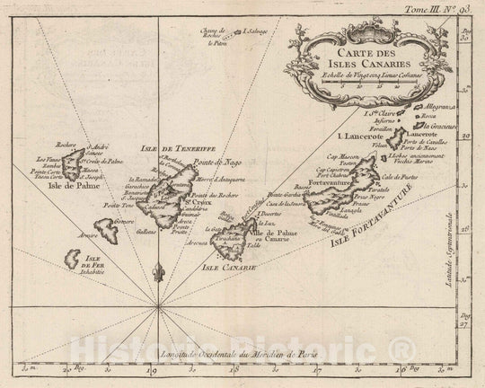 Historic Map : Canary Islands 1764 Carte des Isles Canaries , Vintage Wall Art