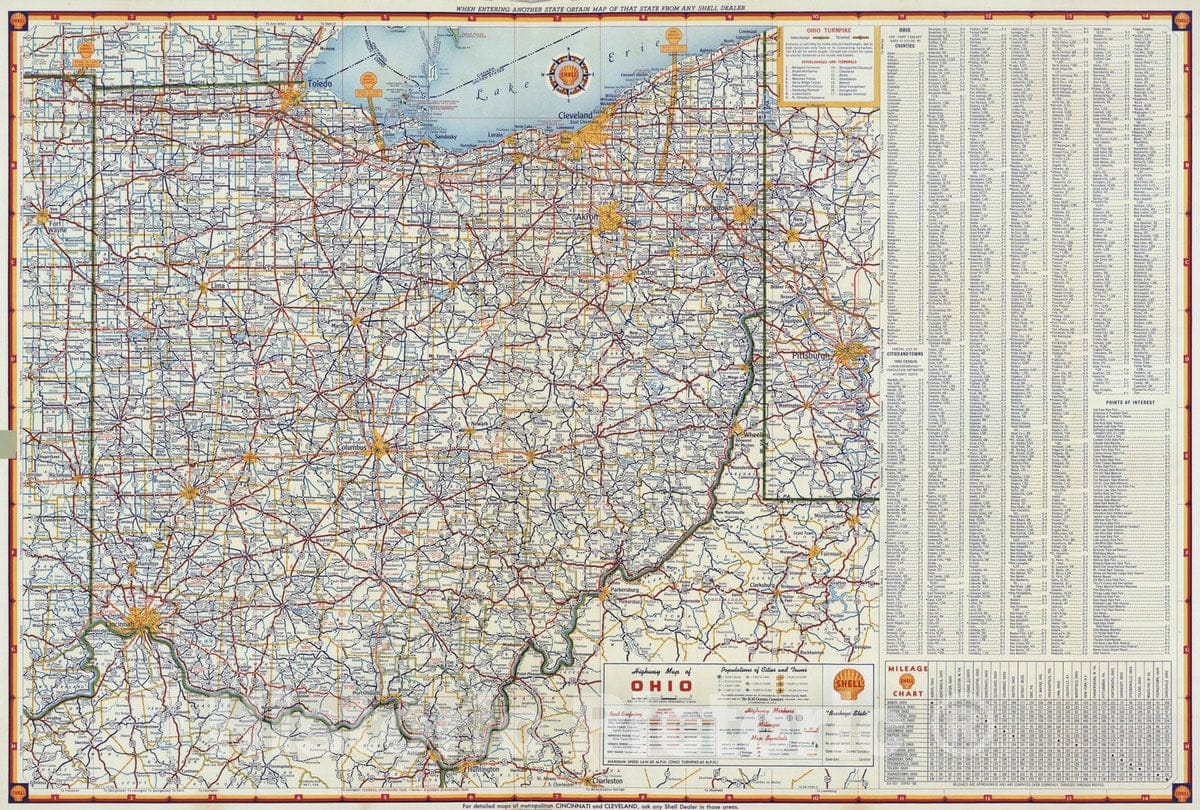 Historic Map : National Atlas - 1956 Shell Highway Map of Ohio. - Vintage Wall Art