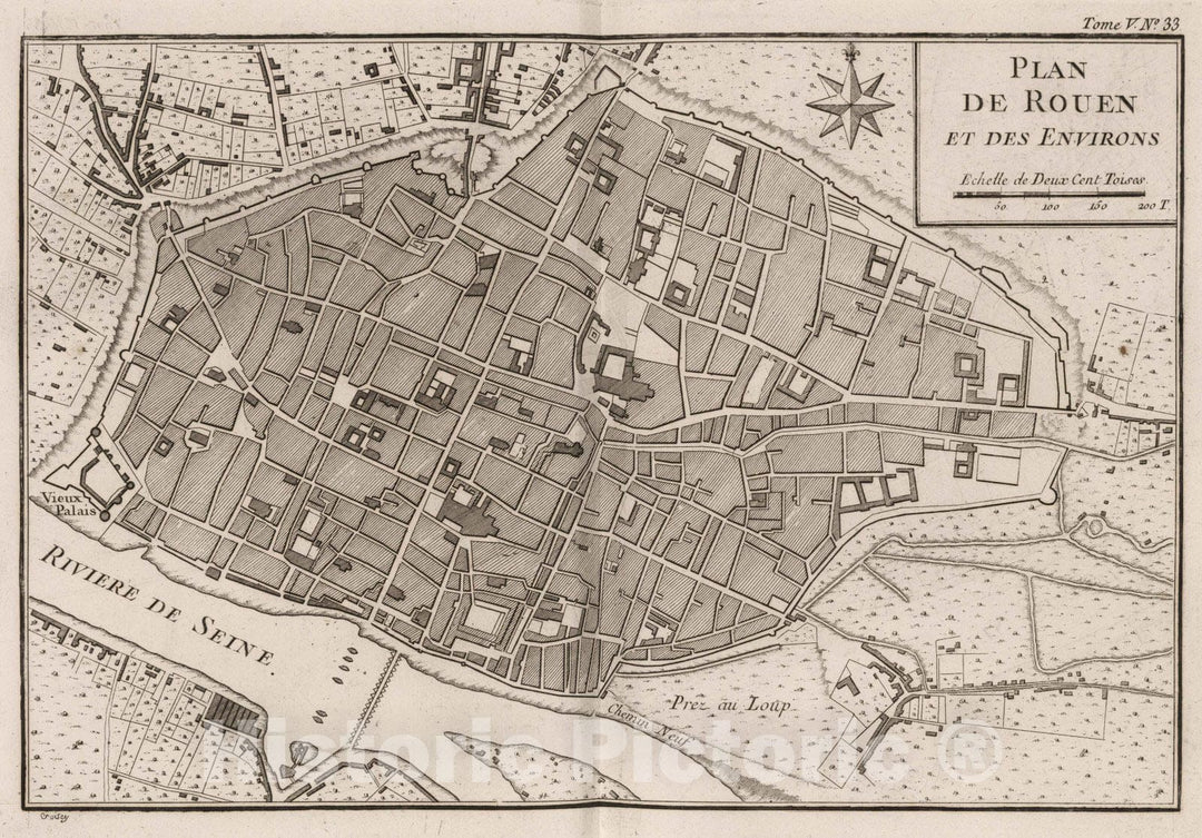Historic Map : France , Rouen France, 1764 Plan de Rouen et des environs. Croisey [sculp.] , Vintage Wall Art