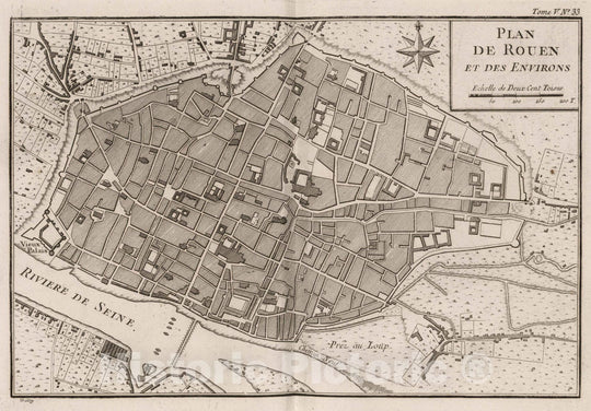 Historic Map : France , Rouen France, 1764 Plan de Rouen et des environs. Croisey [sculp.] , Vintage Wall Art