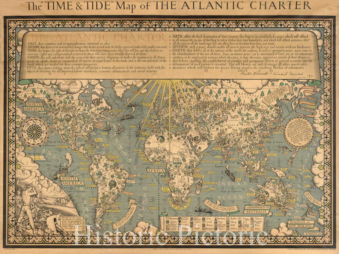 Historic Map : Wall Map - 1942 The"Time & Tide" Map of The Atlantic Charter. - Vintage Wall Art
