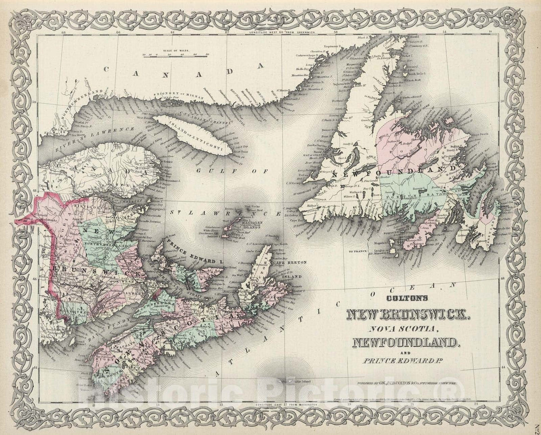 Historic Map : 1874 New Brunswick, Nova Scotia and Prince Edward Island. - Vintage Wall Art