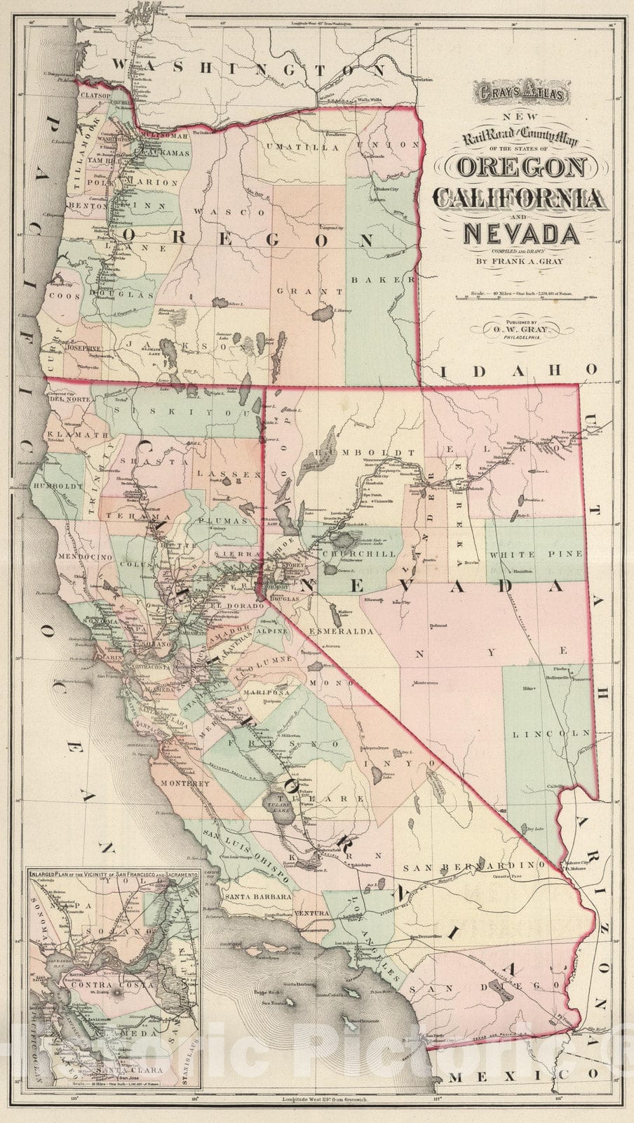 Historic Map : 1874 Railroad map of Oregon, California, and Nevada. - Vintage Wall Art