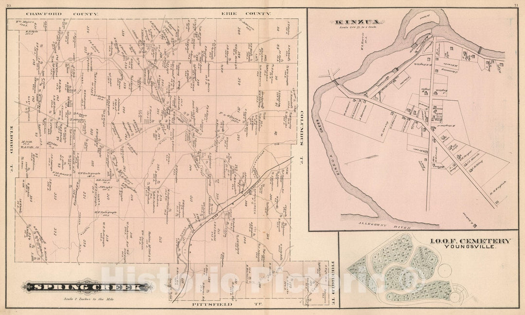 Historic Map : 1878 Spring Creek, Warren County, Pennsylvania. Kinzua. I.O.O.F. Cemetery, Youngsville. - Vintage Wall Art