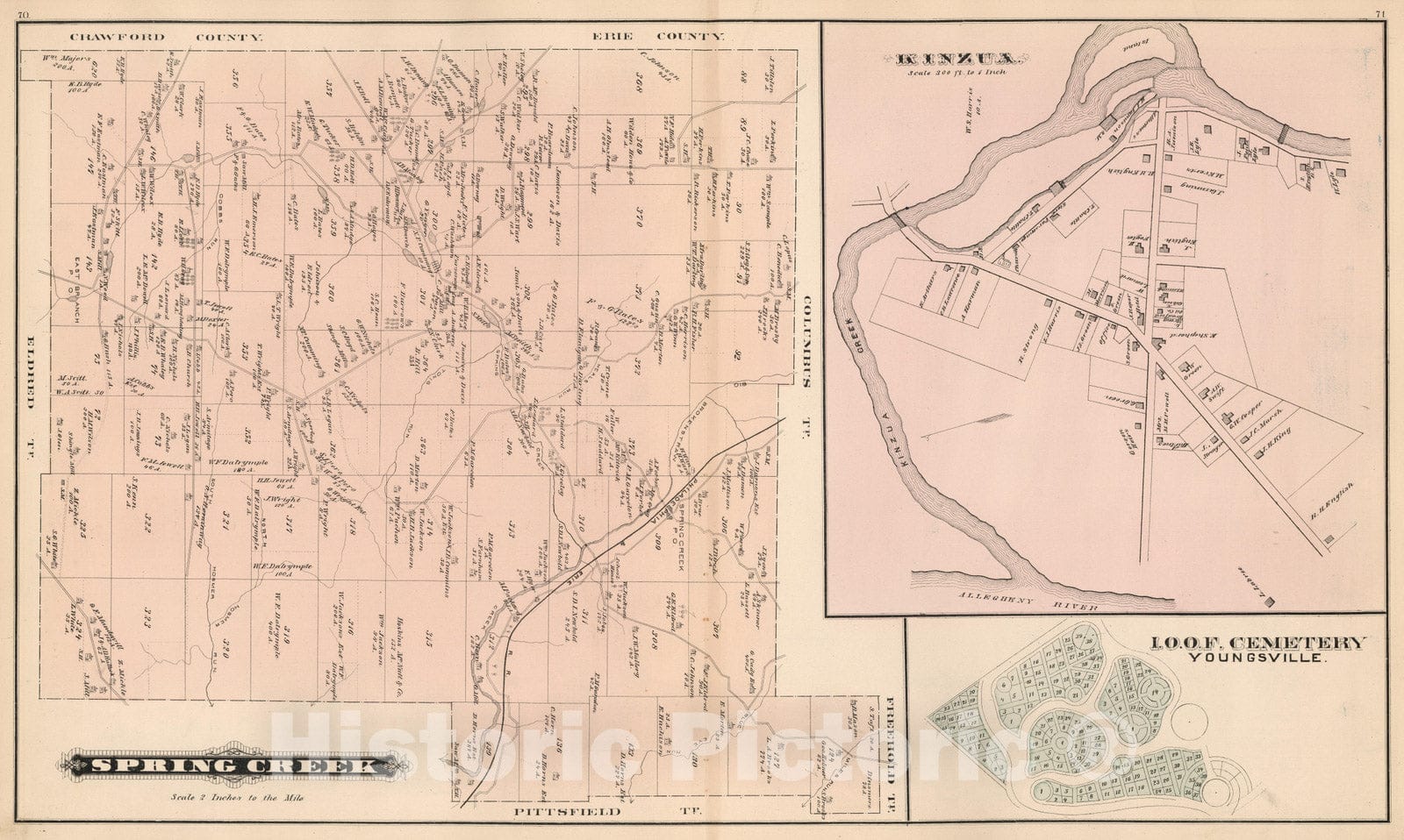 Historic Map : 1878 Spring Creek, Warren County, Pennsylvania. Kinzua. I.O.O.F. Cemetery, Youngsville. - Vintage Wall Art