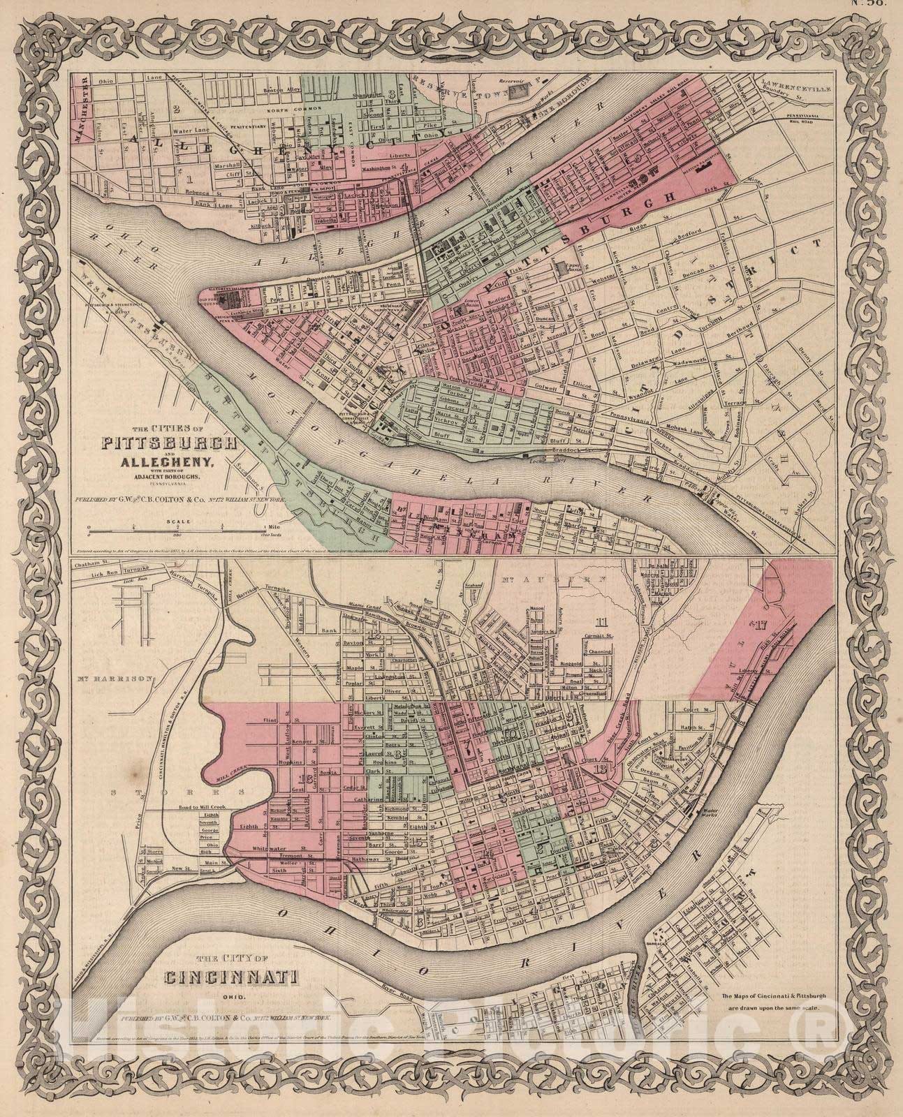 Historic Map : 1866 Pittsburgh, Pennsylvania. Cincinnati, Ohio. - Vintage Wall Art