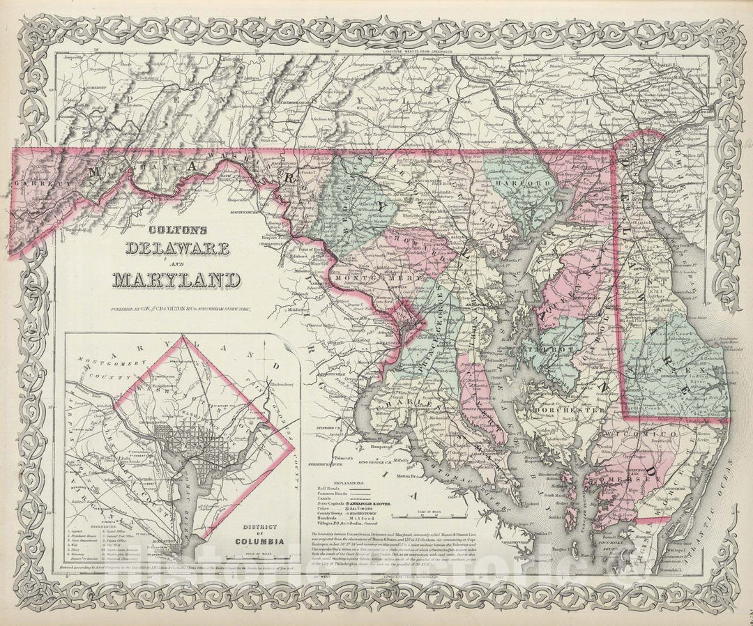 Historic Map : 1874 Delaware and Maryland. - Vintage Wall Art
