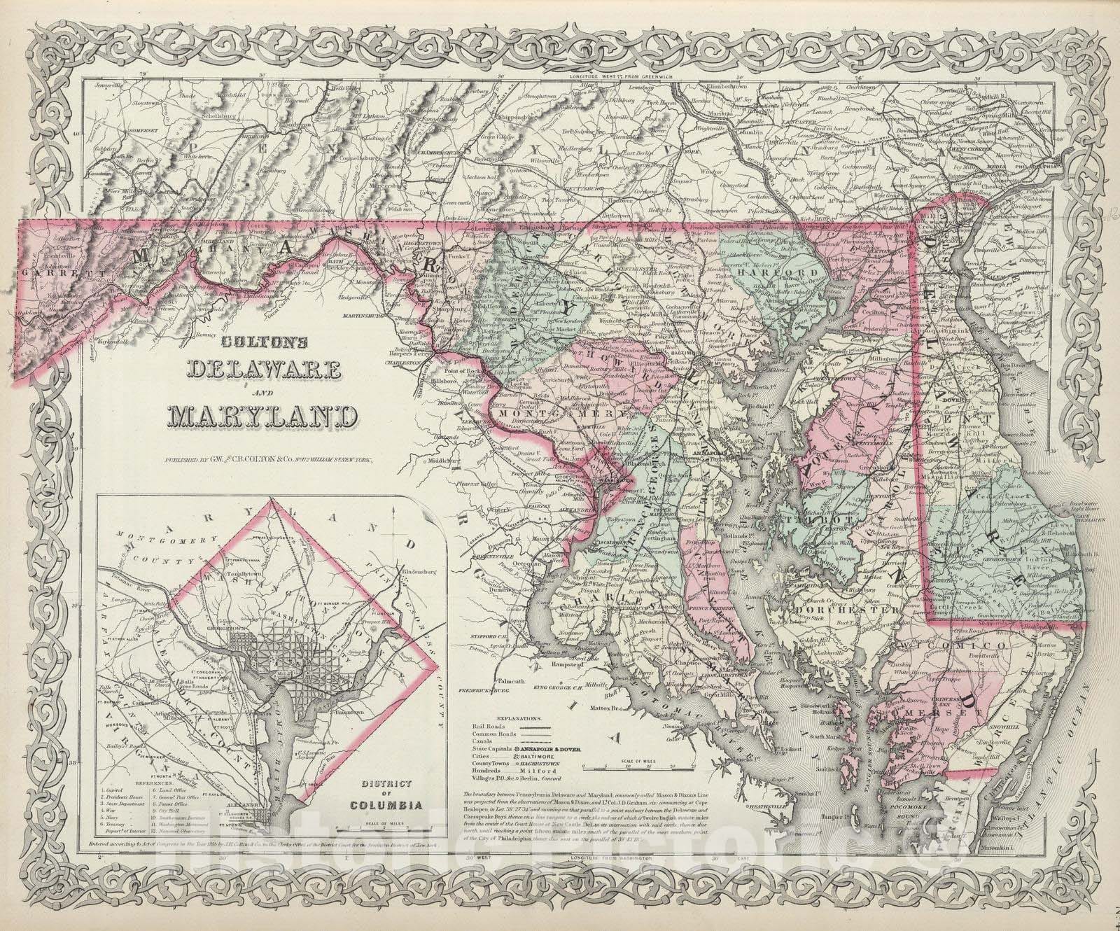 Historic Map : 1874 Delaware and Maryland. - Vintage Wall Art