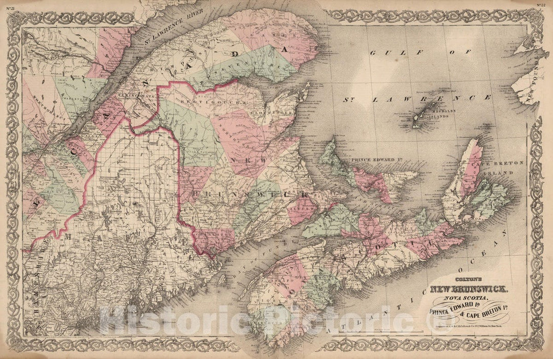 Historic Map : 1866 New Brunswick, Nova Scotia, Prince Edward Island, and Cape Breton Inland. - Vintage Wall Art