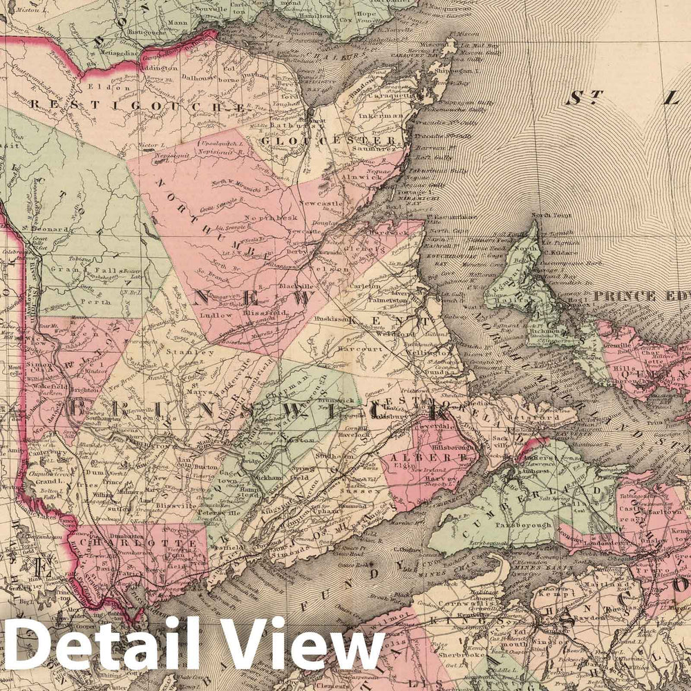 Historic Map : 1866 New Brunswick, Nova Scotia, Prince Edward Island, and Cape Breton Inland. - Vintage Wall Art