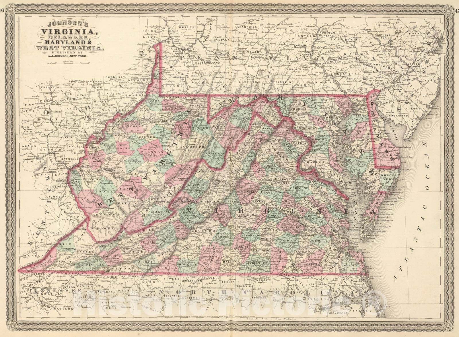 Historic Map : 1886 Virginia, Delaware, Maryland, and West Virginia. - Vintage Wall Art