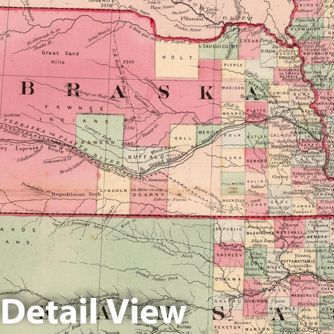Historic Map : 1866 State of Kansas, and Nebraska and Indian Territories. - Vintage Wall Art