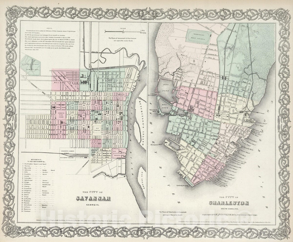 Historic Map : 1874 Savannah, Georgia. Charleston, South Carolina. - Vintage Wall Art