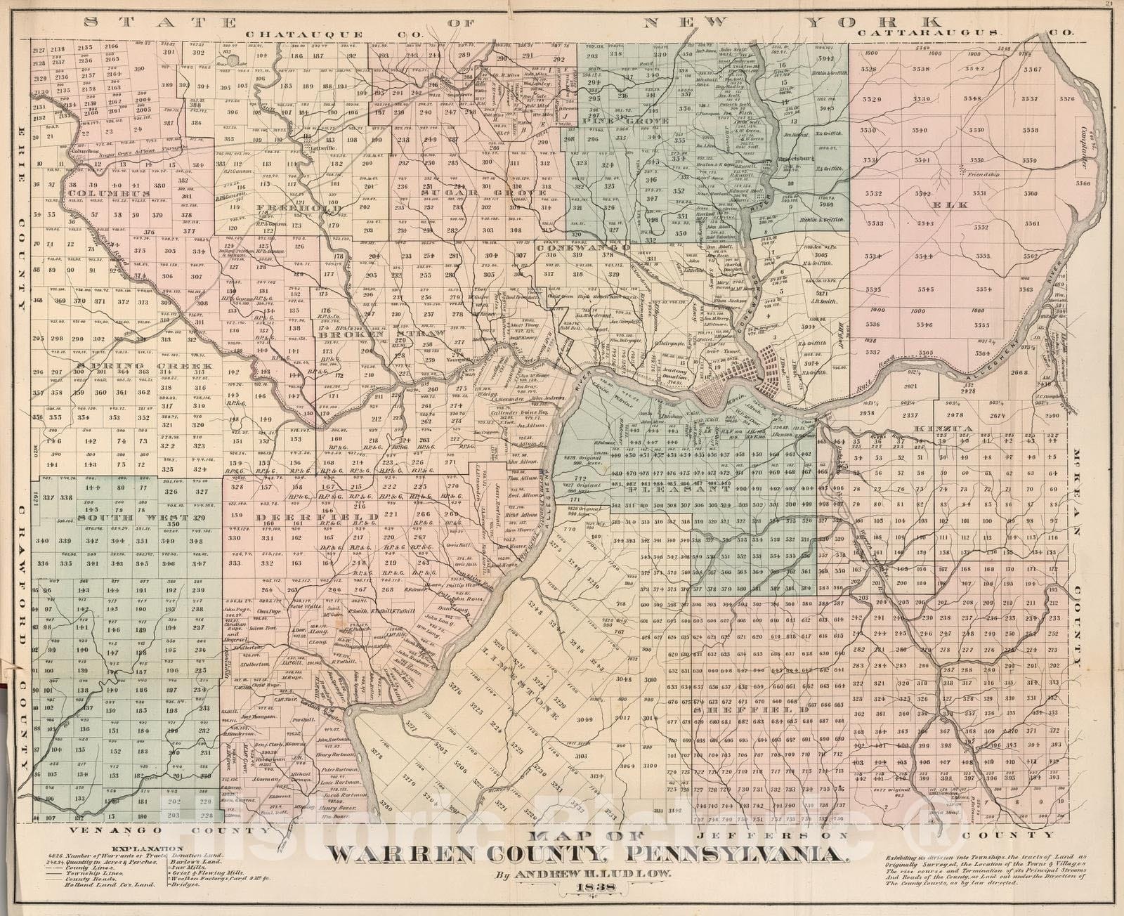 Historic Map : 1838 Warren County, Pennsylvania, By Andrew H. Ludlow, 1838. - Vintage Wall Art