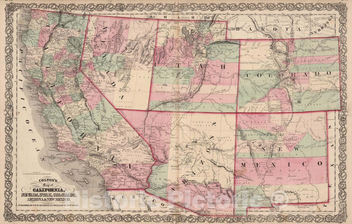 Historic Map : 1866 California, Nevada, Utah, Colorado, Arizona and New Mexico. - Vintage Wall Art