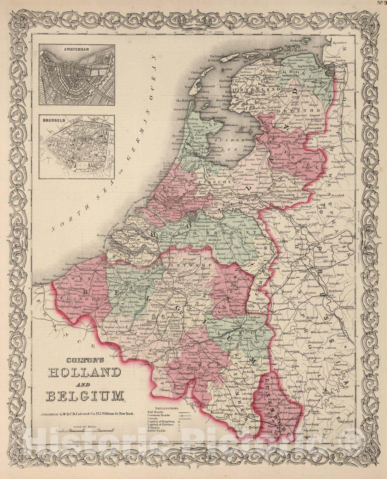 Historic Map : 1866 Holland and Belgium. - Vintage Wall Art