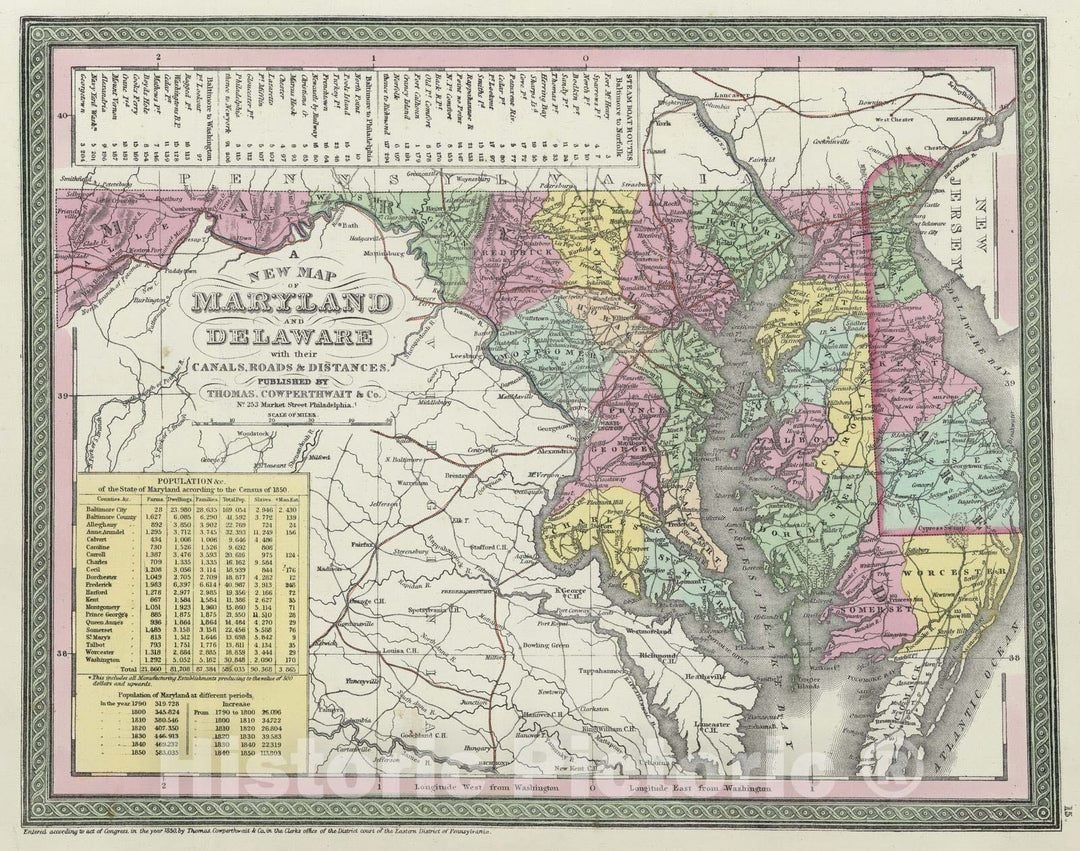 Historic Map : 1855 A new map of Maryland and Delaware - Vintage Wall Art