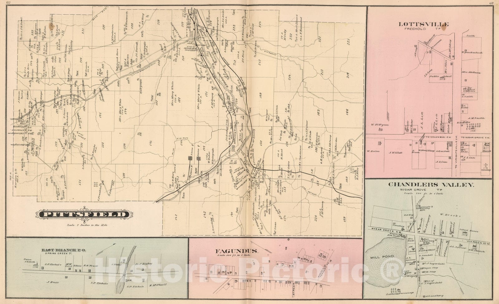 Historic Map : 1878 Pittsfield, Warren County, Pennsylvania. Lottsville. East Branch. Fagundus. Chandlers Valley. - Vintage Wall Art