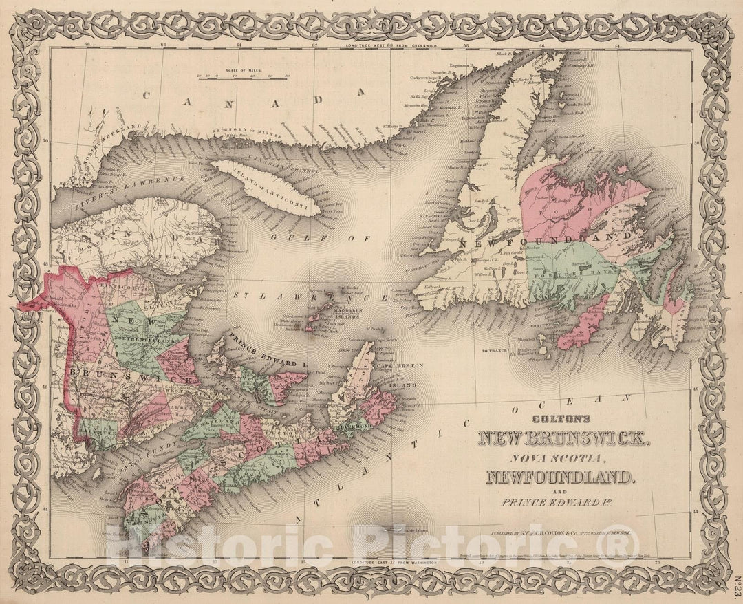 Historic Map : 1866 New Brunswick, Nova Scotia, Newfoundland. And Prince Edward Island. - Vintage Wall Art