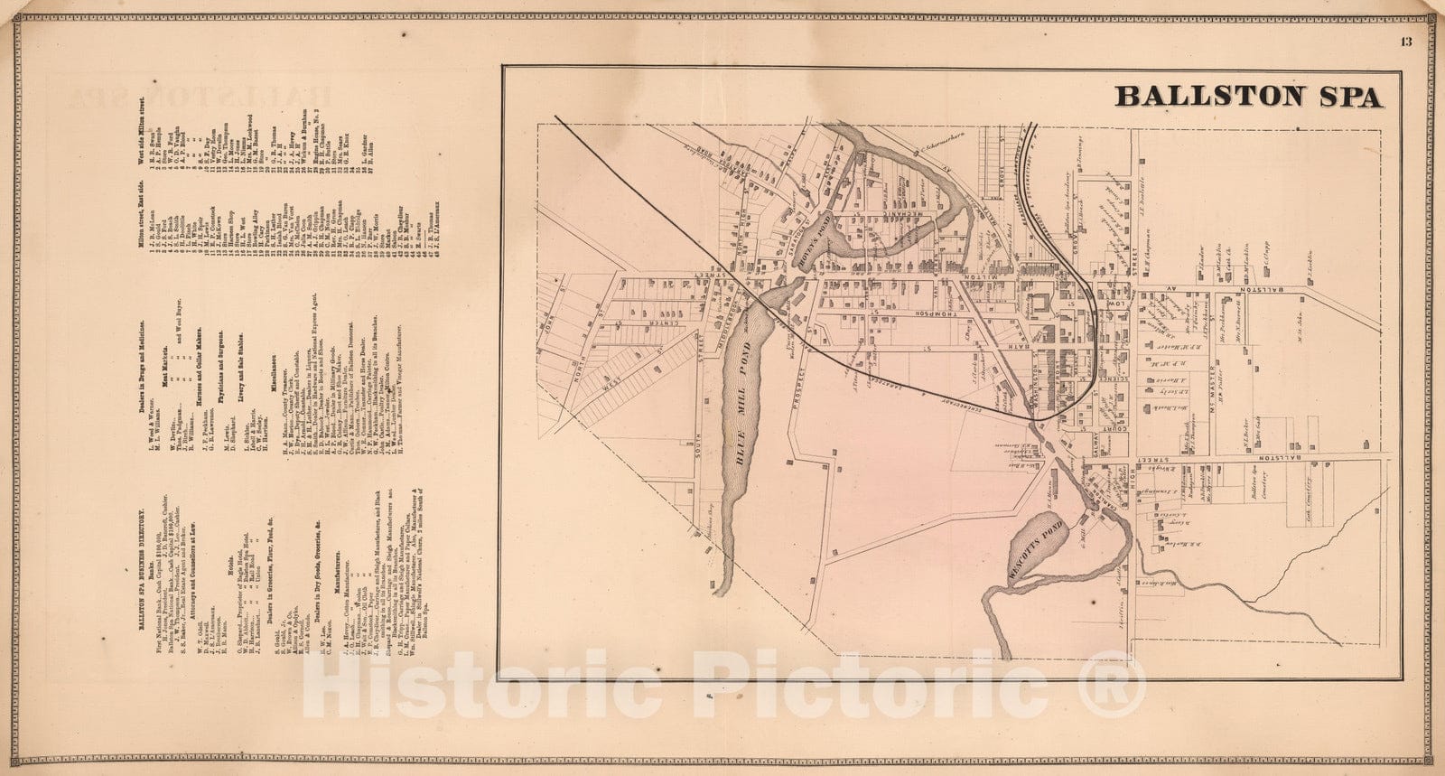 Historic Wall Map 1866 Ballston Spa, New York. Vintage Wall Art