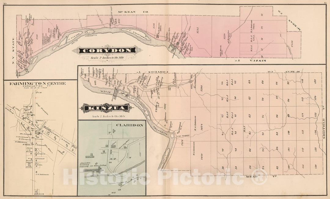Historic Map : 1878 Corydon. Kinzua. Farmington Centre. Claridon, Warren County, Pennsylvania. - Vintage Wall Art