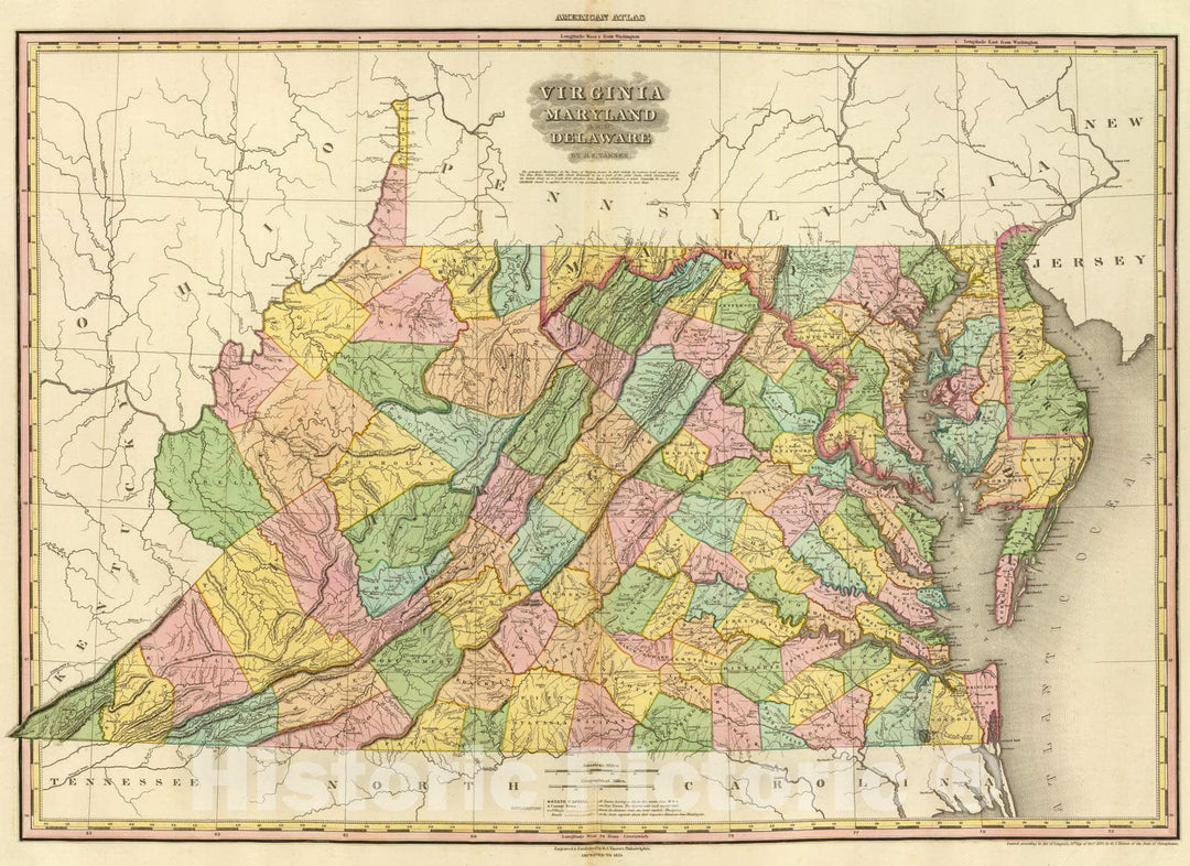 Historic Wall Map : 1825 Virginia Maryland And Delaware. - Vintage Wall Art
