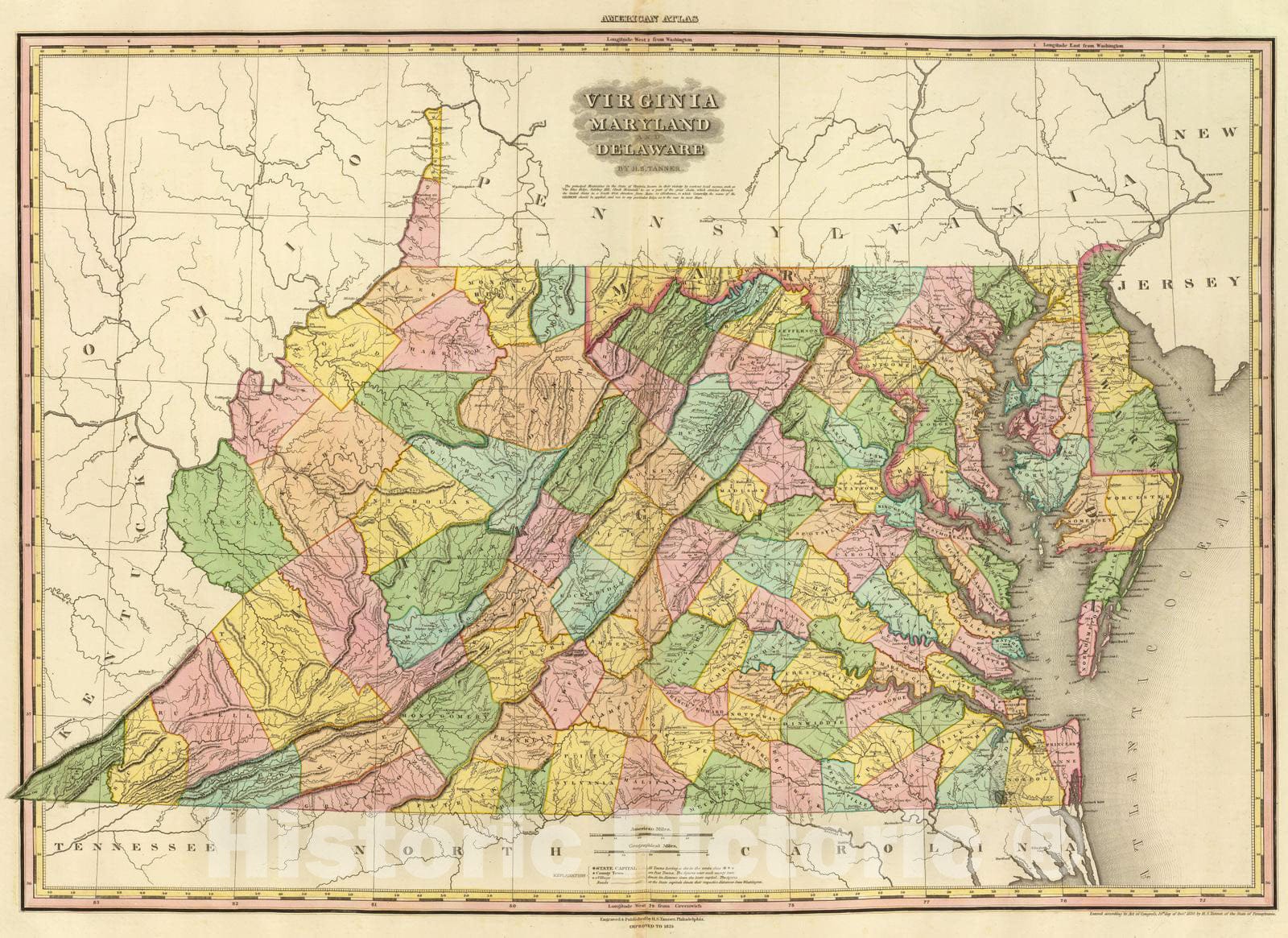 Historic Wall Map : 1825 Virginia Maryland And Delaware. - Vintage Wall Art