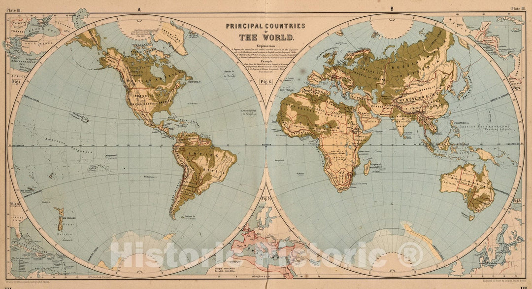 Historic Map : School Atlas - 1867 Plate III. Principal Countries of the World. - Vintage Wall Art