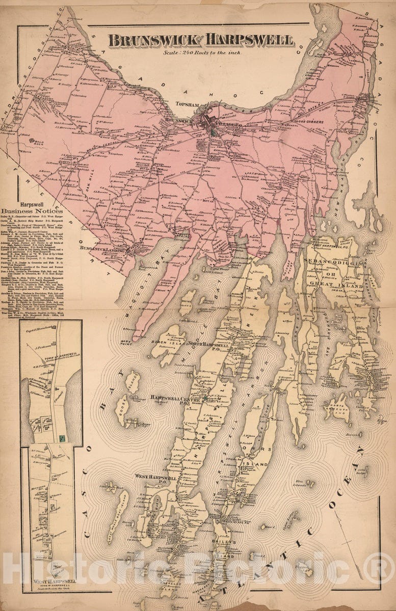 Historic Map - 1871 Brunswick and Harpswell, Cumberland County, Maine. West Harpswell. - Vintage Wall Art