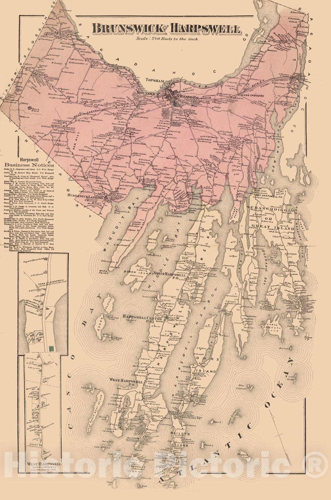 Historic Map - 1871 Brunswick and Harpswell, Cumberland County, Maine. West Harpswell. - Vintage Wall Art