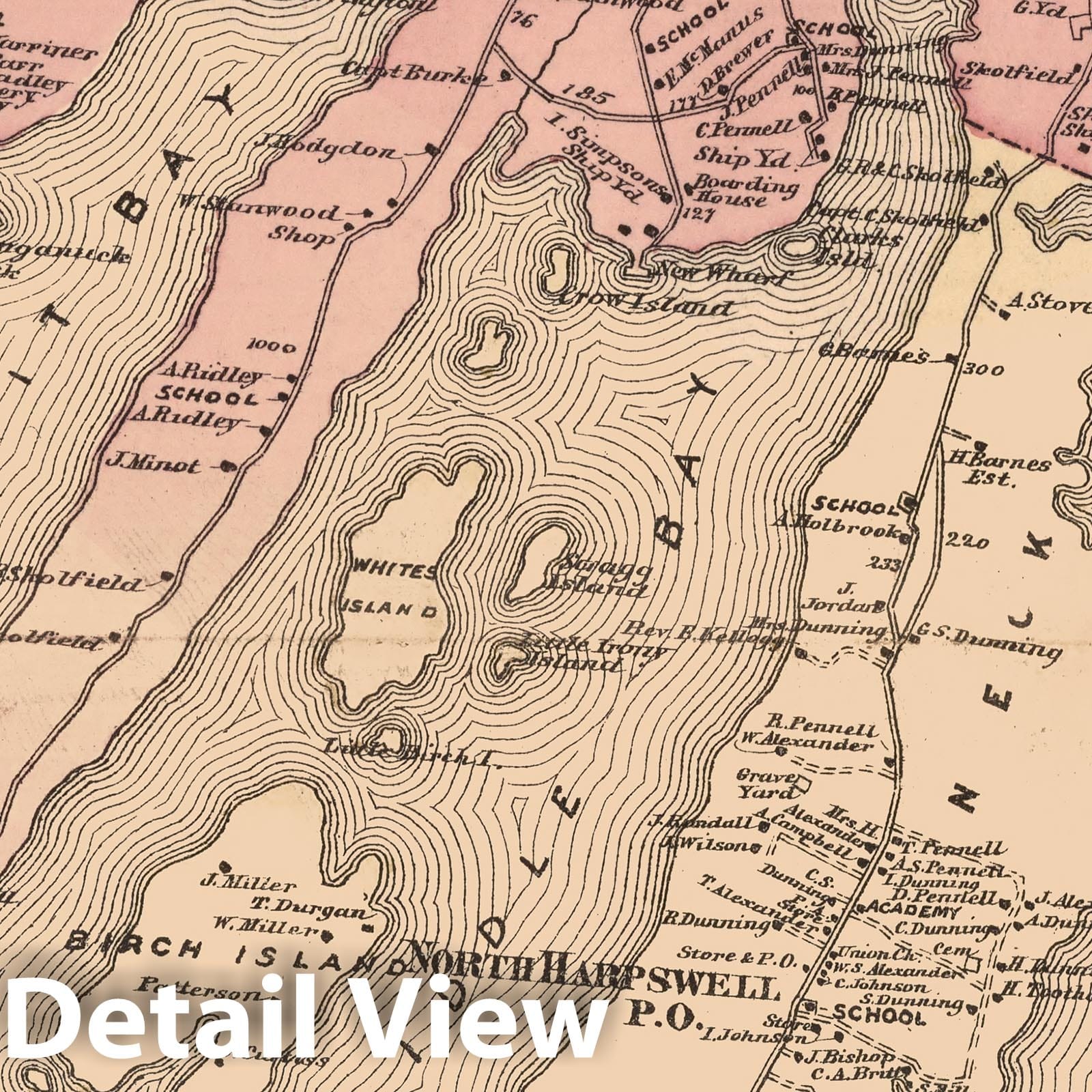Historic Map - 1871 Brunswick and Harpswell, Cumberland County, Maine. West Harpswell. - Vintage Wall Art