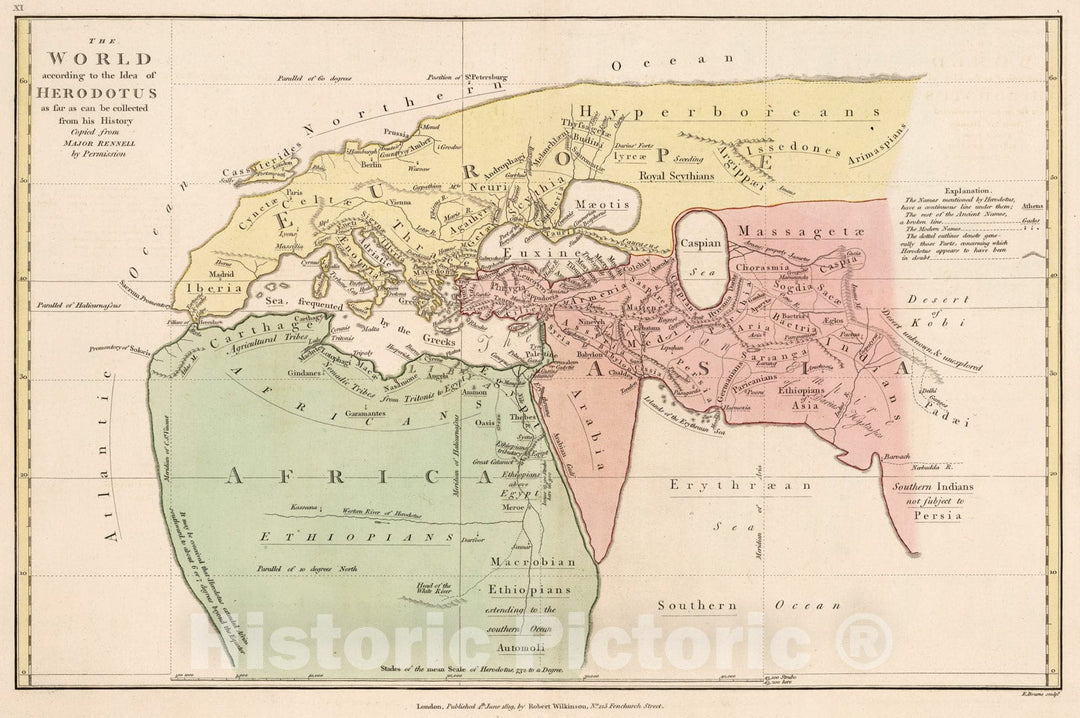 Historic Map - World Atlas - 1819 World according to the Idea of Herodotus. - Vintage Wall Art