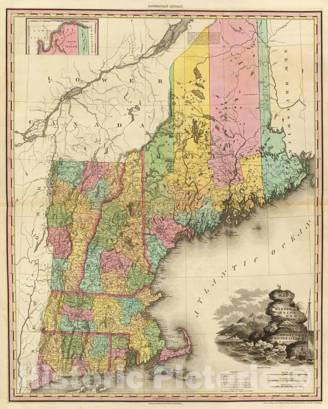 Historic Map : 1825 Map Of The States Of Maine, New Hampshire, Vermont, Massachusetts, Connecticut & Rhode Island. - Vintage Wall Art