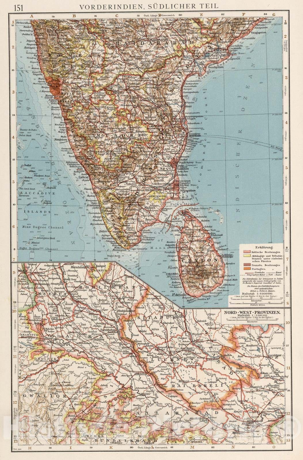 Historic Map India, 1905 Vorderindien Sudlicher Teil , Vintage Wall
