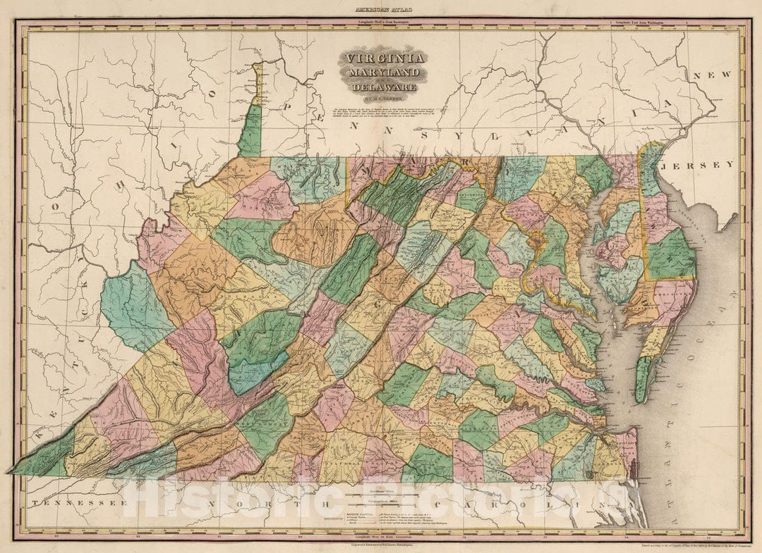 Historic Map : 1833 Virginia, Maryland and Delaware. - Vintage Wall Art