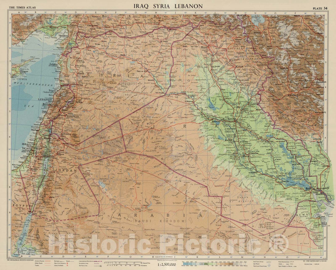 Historic Map : Iraq; Syria; Lebanon; Jordan, Southwest Asia 1959 Iraq, Syria, Lebanon. Plate 34, V. II , Vintage Wall Art