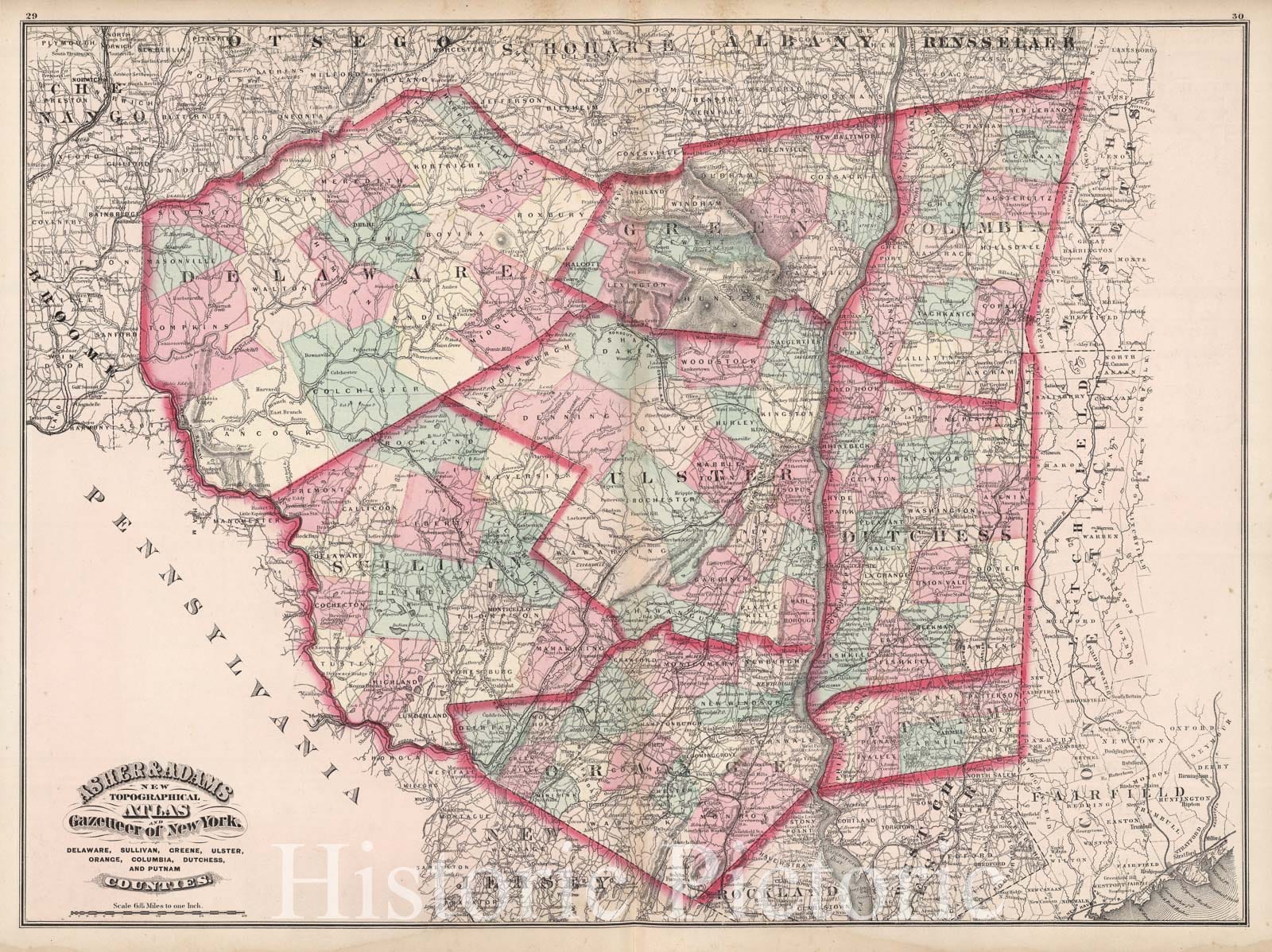 Historic Map : 1870 Delaware, Sullivan, Greene, Ulster, Orange, Columbia, Dutchess, and Putnam Counties, New York. - Vintage Wall Art