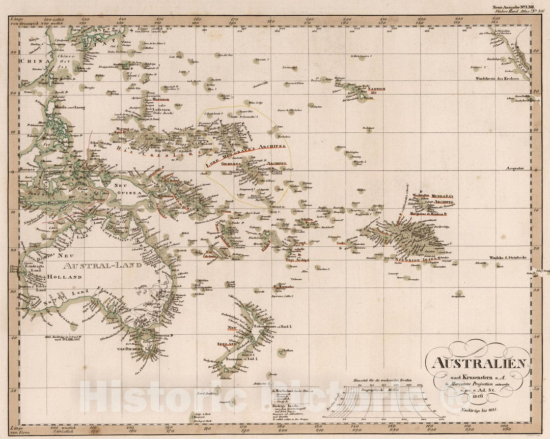 Historic Map : 1835 Australien nach Krusenstern u.A. in Mercators Projection. (Australia and Polynesia) - Vintage Wall Art