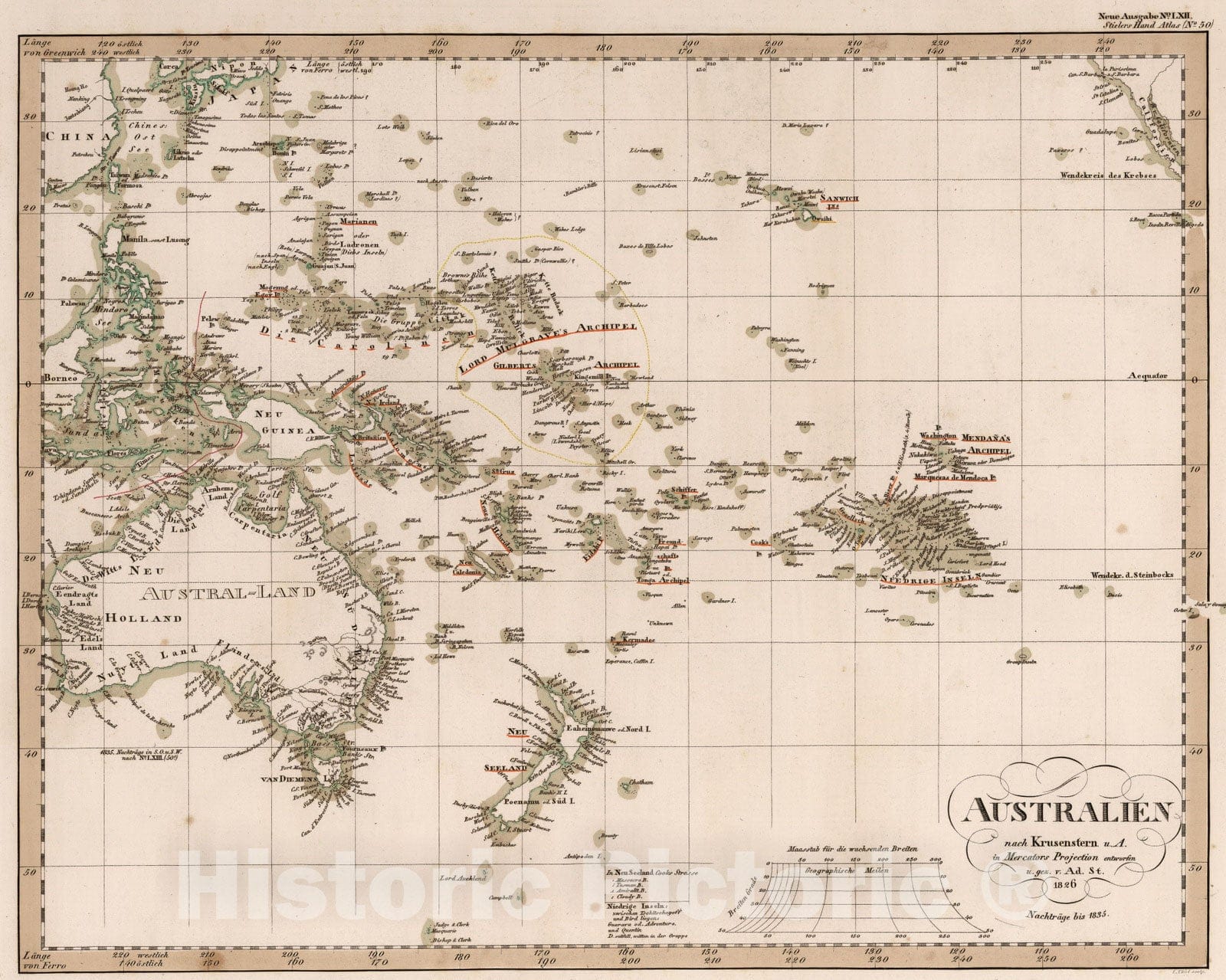 Historic Map : 1835 Australien nach Krusenstern u.A. in Mercators Projection. (Australia and Polynesia) - Vintage Wall Art