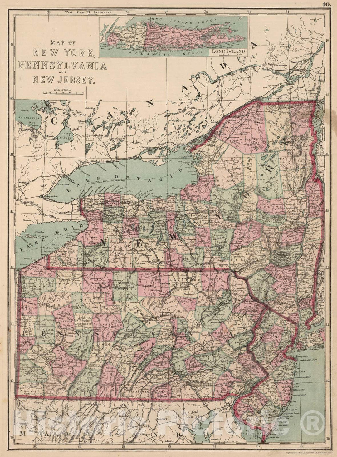 Historic Map : 1873 Map of New York, Pennsylvania and New Jersey : Vintage Wall Art