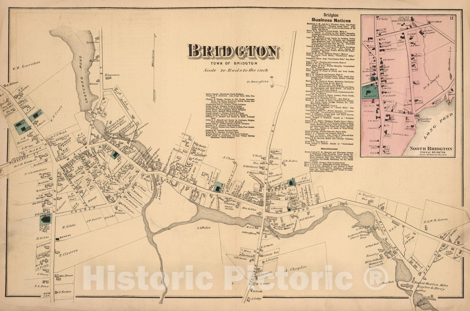 Historic Map : 1871 Bridgton, Cumberland County, Maine. North Bridgton. - Vintage Wall Art