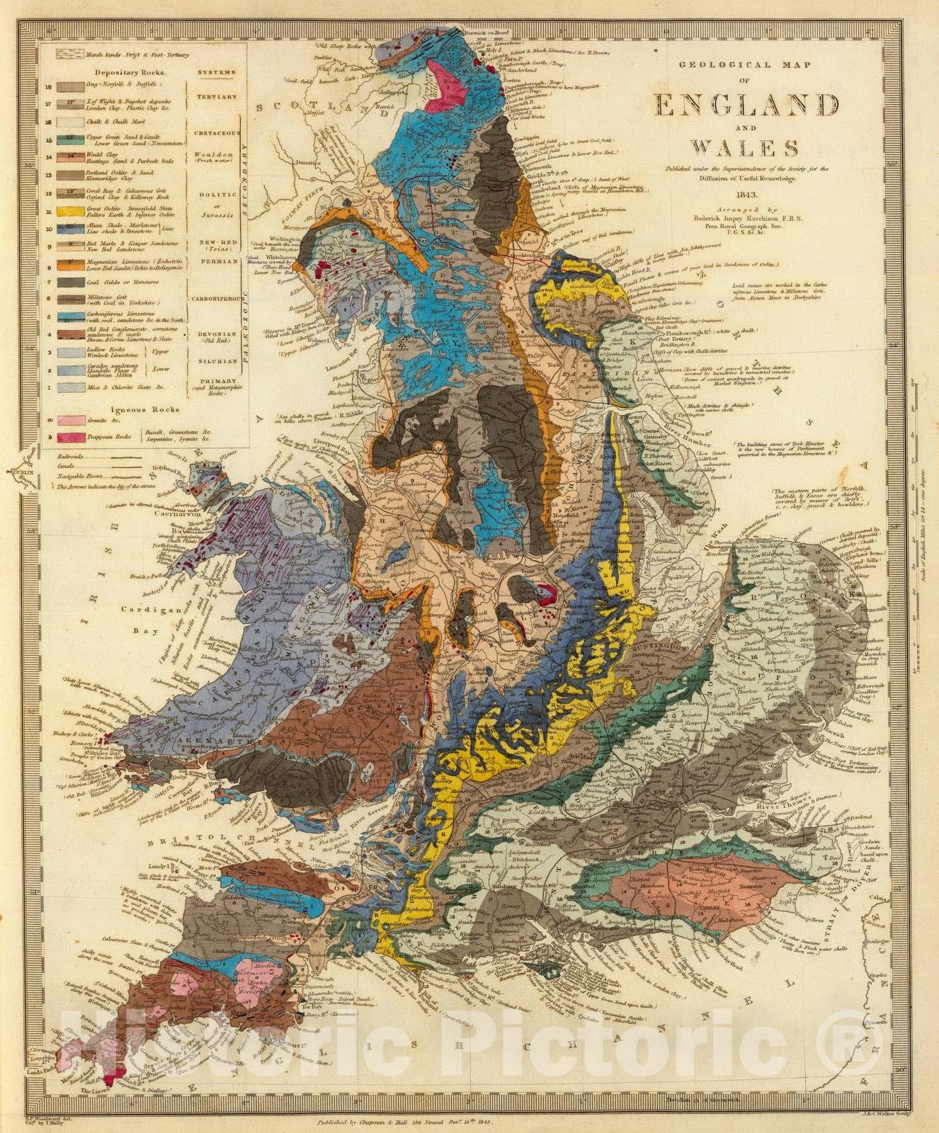 Historic Map : 1843 Geological map, England, Wales. - Vintage Wall Art