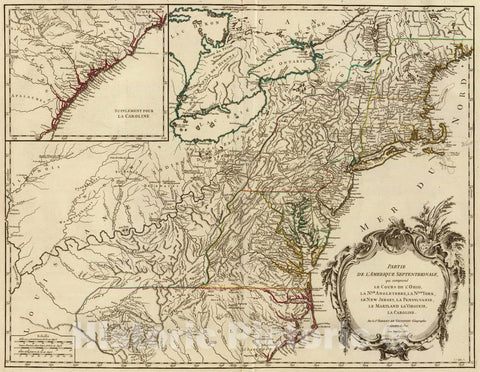 Historic Map : United States, U.S. North East, 1755 Cours de l'Ohio, Nlle. Angleterre, Nlle. York, Pensylvanie, Virginie, Caroline. , Vintage Wall Art