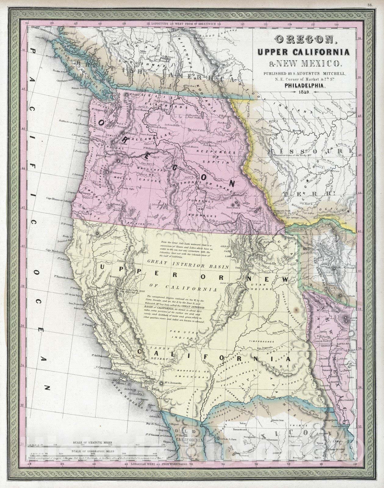 Historic Map : 1849 Oregon, Upper California & New Mexico - Vintage Wall Art