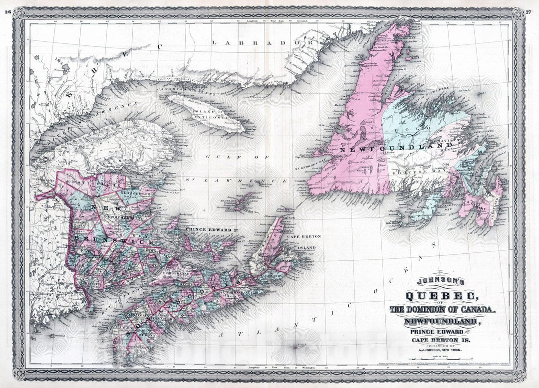 Historic Map : 1870 Newfoundland, Prince Edward Island and Cape Breton Island. - Vintage Wall Art
