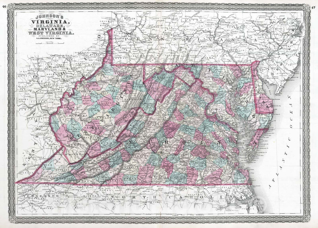 Historic Map : 1870 Virginia, Delaware, Maryland and West Virginia. - Vintage Wall Art