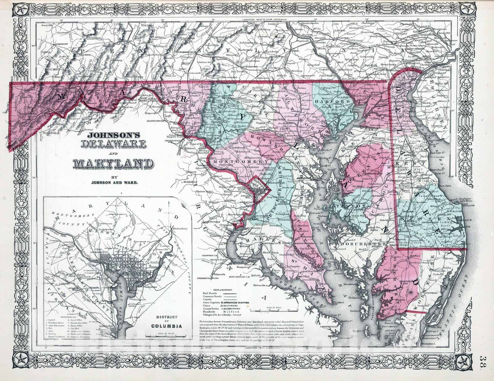 Historic Map : 1865 Delaware, Maryland. - Vintage Wall Art