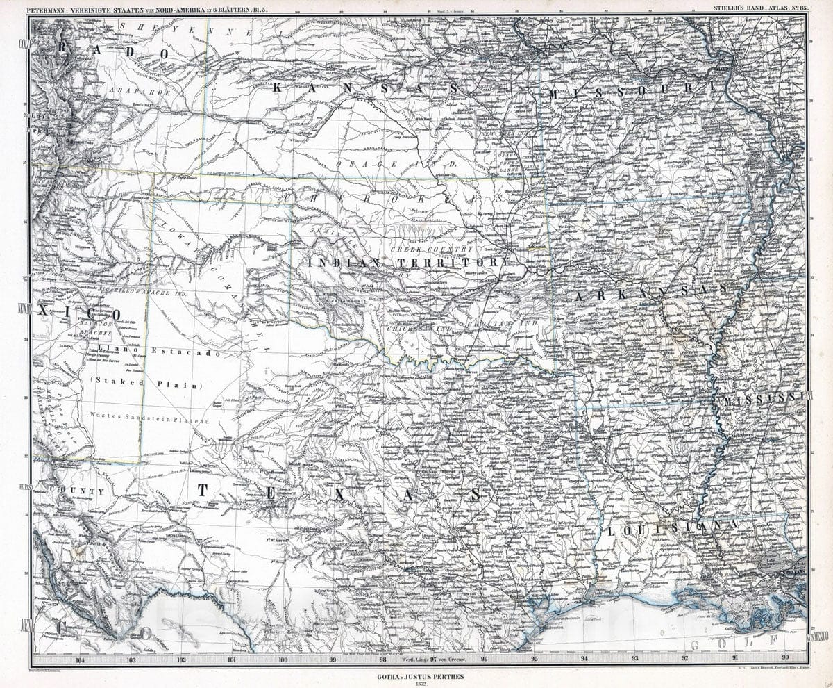 Historic Map : United States, Arkansas, 1872 Vereinigte Staaten von Nord-Amerika in 6 Blattern, Bl.5. (North America). , Vintage Wall Art