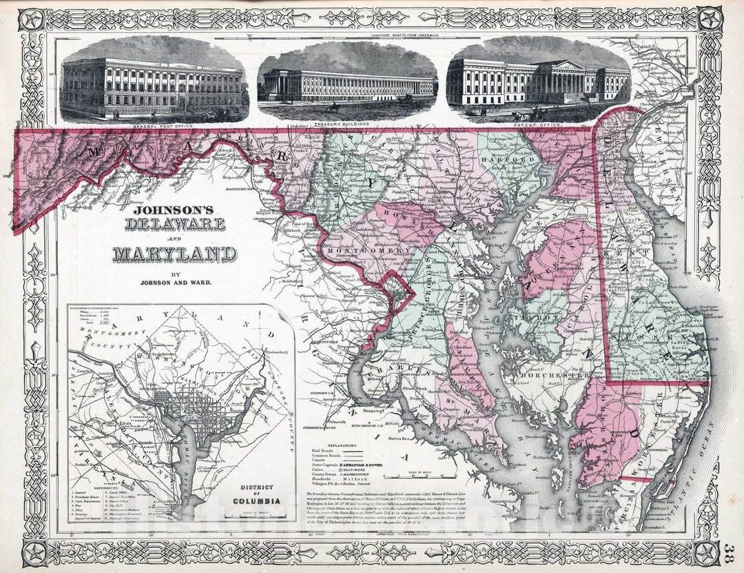Historic Map : 1864 Delaware and Maryland - Vintage Wall Art