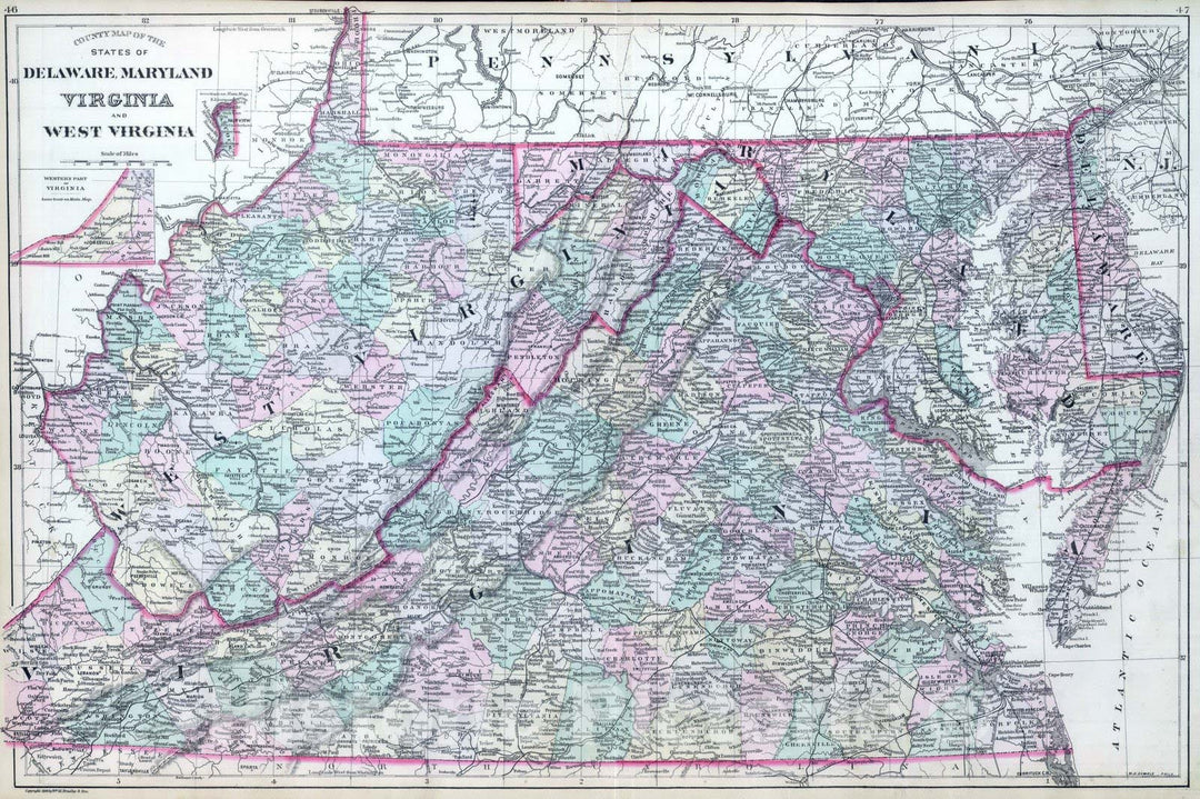 Historic Map : Delaware, 1886 Del, Md, Va, W. Va. , Vintage Wall Art